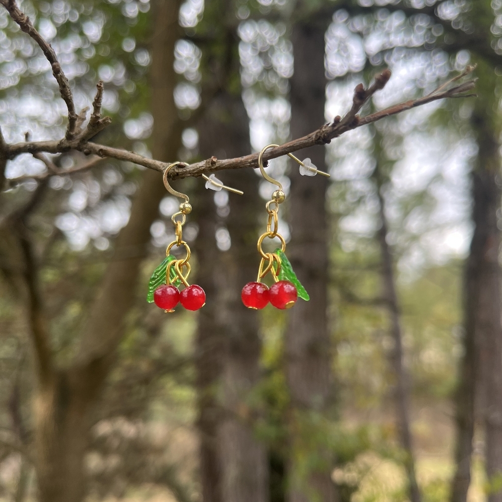 Gold Cherry Drop Dangle Earrings - Stainless Steel *Earrings Only*